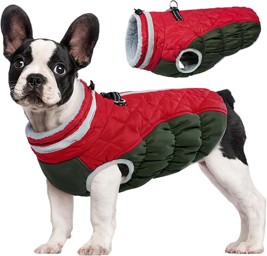 FUAMEY Dog Winter Jacket,Dog Cold Weather Coats Paded Dog Vest with Harness Built in Pet Warm Clothes Dog Apparel with Back Zipper Dog Water Resistant Coat for Small Medium Large Dogs Christmas XS - PAWPICO