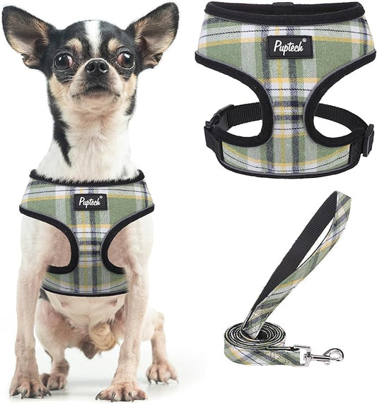 PUPTECK Soft Mesh Dog Harness and Leash Set Pet Puppy Cat Comfort Padded Vest No Pull Harnesses, Green/Yellow, XS PUPTECK