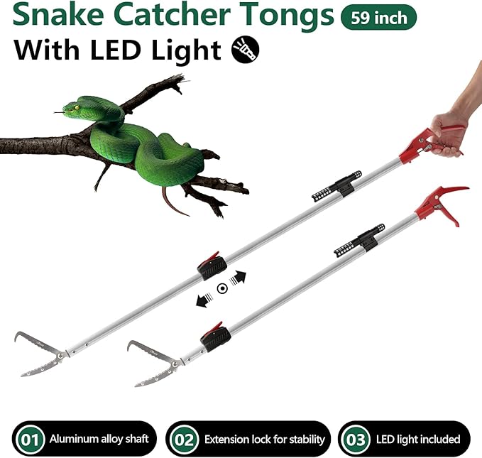 Snake Catcher Tongs Grabber Rattle Heavy Duty with 43 inch to 59 inch Telescopic Pole Professional+Heated+Jacket