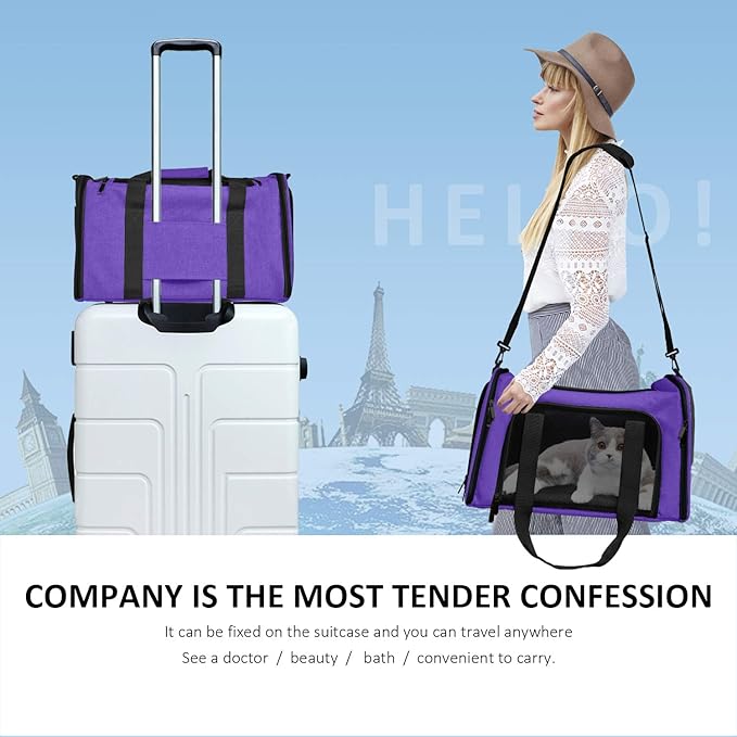 Henkelion Pet Carrier for Small Medium Cats Dogs Puppies up to 15 Lbs, Airline Approved Small Dog Carrier Soft Sided, Collapsible Travel Puppy Carrier - Purple - PAWPICO