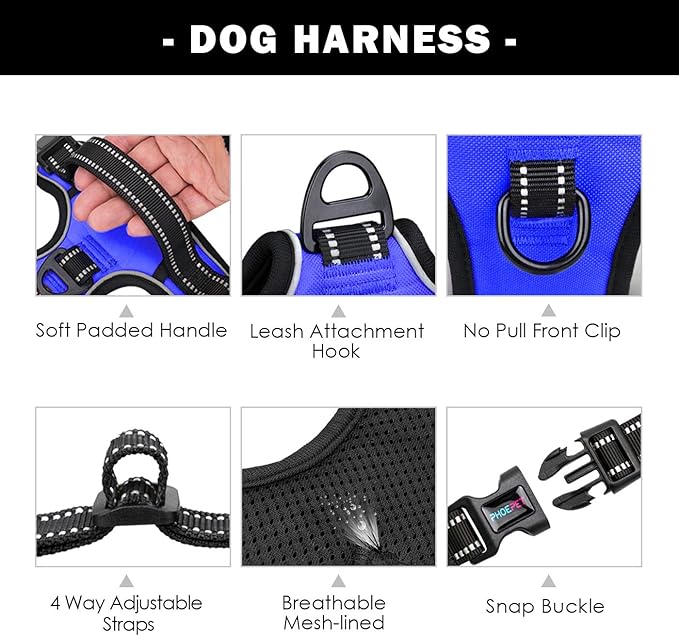 PHOEPET No Pull Dog Harness Medium Reflective Front Clip Vest with Handle,Adjustable 2 Metal Rings 3 Buckles,[Easy to Put on & Take Off](XS, Royal Blue) PHOEPET