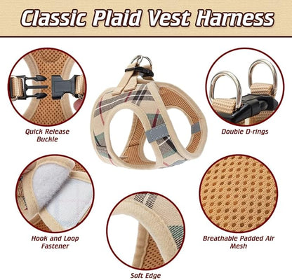 EXPAWLORER Classic Plaid Puppy Harness - Small Dog Harness and Leash Set - Dog Collar and Leash Set with AirTag Holder, Soft Padded Step in Dog Vest Harness No Pull Reflective for Outdoor, Khaki M EXPAWLORER