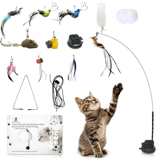 Interactive Bird Simulation Cat Feather Toy Set - Suction Cup Cat Toys for Indoor Cats, Natural Feathers, Bells & Easy Clip-On, Perfect for Indoor Cats - 2 Free Pads, Suctions to Ground - PAWPICO