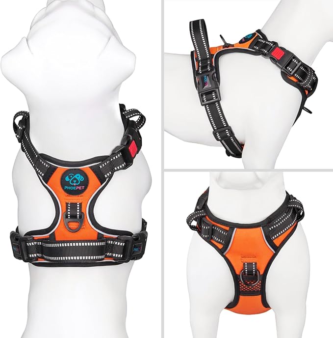 PHOEPET Reflective Dog Harness Large Breed Adjustable No Pull Vest with with Handle 2 Metal Rings 3 Buckles [Easy to Put on & Take Off](L, Orange) PHOEPET