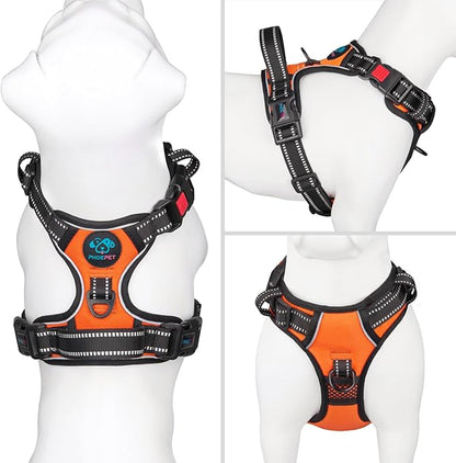 PHOEPET Reflective Dog Harness Large Breed Adjustable No Pull Vest with with Handle 2 Metal Rings 3 Buckles [Easy to Put on & Take Off](L, Orange) PHOEPET