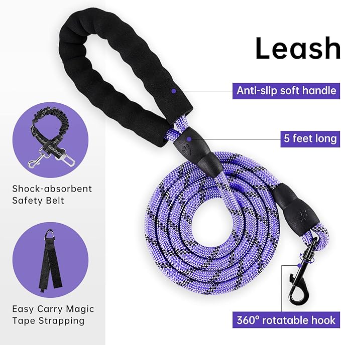 IVY&LANE No Pull Dog Harness for Large Dogs, Dog Vest Harness with Leash, Safety Belt and Storage Strap, Fully Adjustable Harness, 360° Reflective Strip, Soft Handle (Purple, XL) IVYLANE