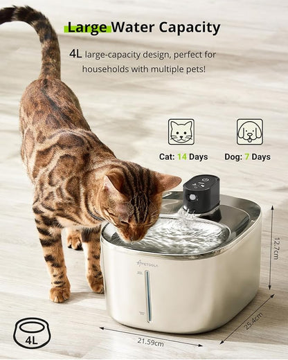 Wireless Cat Water Fountain, 135 fl oz/4L Stainless Steel Cat Fountain Battery Operated with Water Level Window, 3 Work Modes, Cordless Pet Fountain for Cats, Dogs, Pets, Inside, Black - PAWPICO