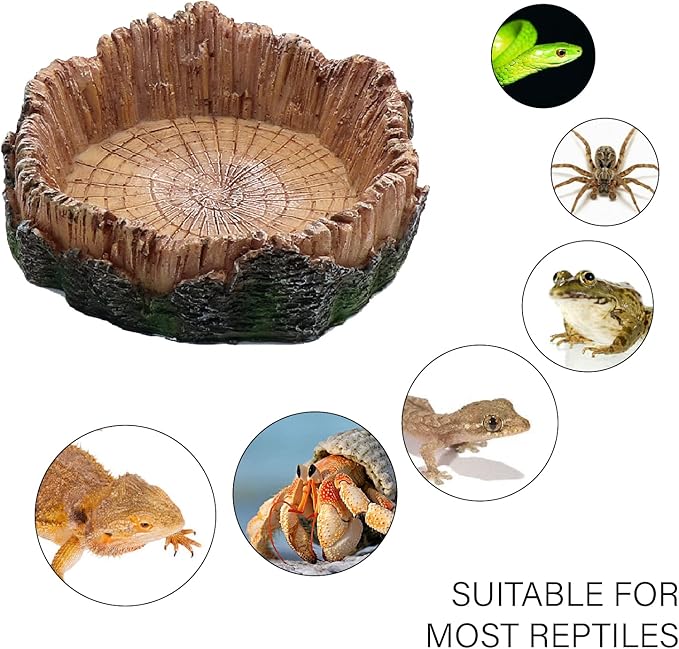 Reptile Water Dish Food Bowls, 2 Pcs Artificial Tree Trunk Reptile Tank Decor Bowl for Leopard Gecko Lizard Spider Scorpion Hermit Crabs relaqcc