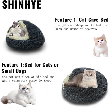 ShinHye Cat Bed Round Plush Fluffy Hooded Cat Bed Cave, Cozy for Indoor Cats or Small Dog beds, Soothing Pet Beds Doughnut Calm Anti-nxiety Dog Bed - Waterproof Bottom Washable (23×23inch, Dark Grey) - PAWPICO