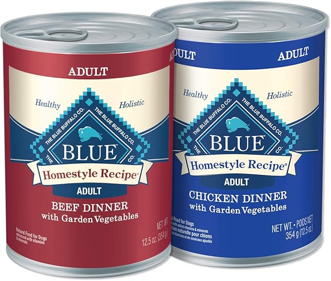 Blue Buffalo Homestyle Recipe Natural Adult Wet Dog Food Variety Pack, Chicken & Beef 12.5 oz cans (24 Count- 12 of Each Flavor) - PAWPICO