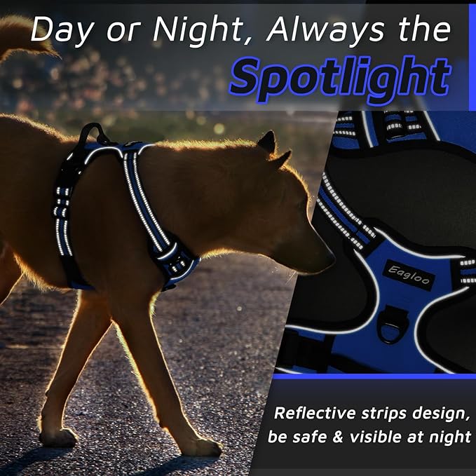 Eagloo Dog Harness Large Breed, No Pull Service Vest with Reflective Strips and Control Handle, Adjustable and Comfortable for Easy Walking, No Choke Pet Harness with 2 Metal Rings, Blue, XL GoExplorewithEagloo