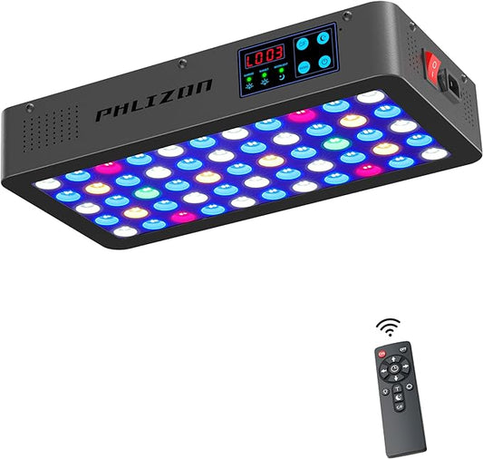 Phlizon Timer Control Dimmable 165W LED Aquarium Light with Temperature Monitor Full Spectrum Fish Tank Light for Grow Coral Reef Marine Fish Tank LPS/SPS Phlizon