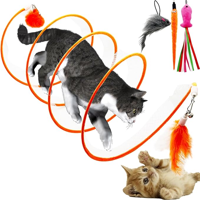 Spiral Tunnel Cat Toy, Self Play Cat Hunting Spiral Tunnel Toy Spiral Cat Toy, Folded Cat Tunnel Spring Toy for Indoor Cats (Orange) - PAWPICO