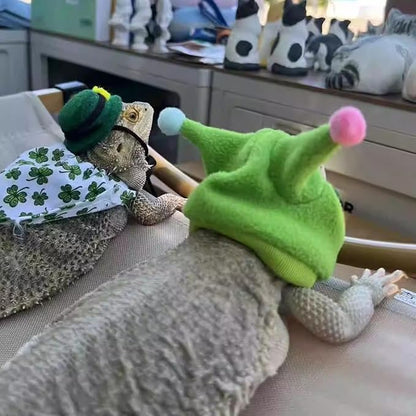 Bearded Dragon Hat - Winter Warm Lizard Cap with Horns & Pom Pom Ball Fun Halloween Outfit Bull Costume Elastic Headwear Accessories Anxiety Relief Ear Muffs for Reptile Fancy Rat Ferret (Green) SEZDEKI
