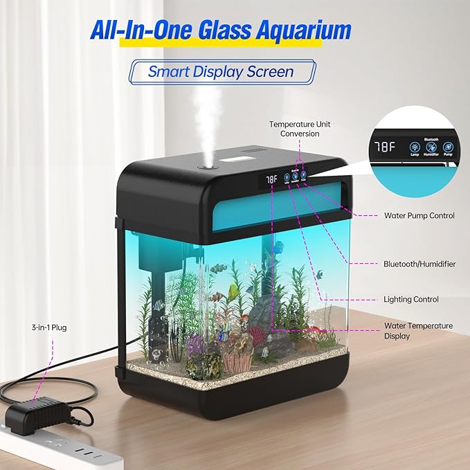 Small Fish Tank Aquarium 2.2 Gallon Glass Fish Tank Starter Kits with Silent Filter Pump, LED Light, humidifier and Betta Fish Tank Wilody