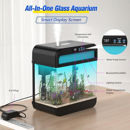 Small Fish Tank Aquarium 2.2 Gallon Glass Fish Tank Starter Kits with Silent Filter Pump, LED Light, humidifier and Betta Fish Tank Wilody
