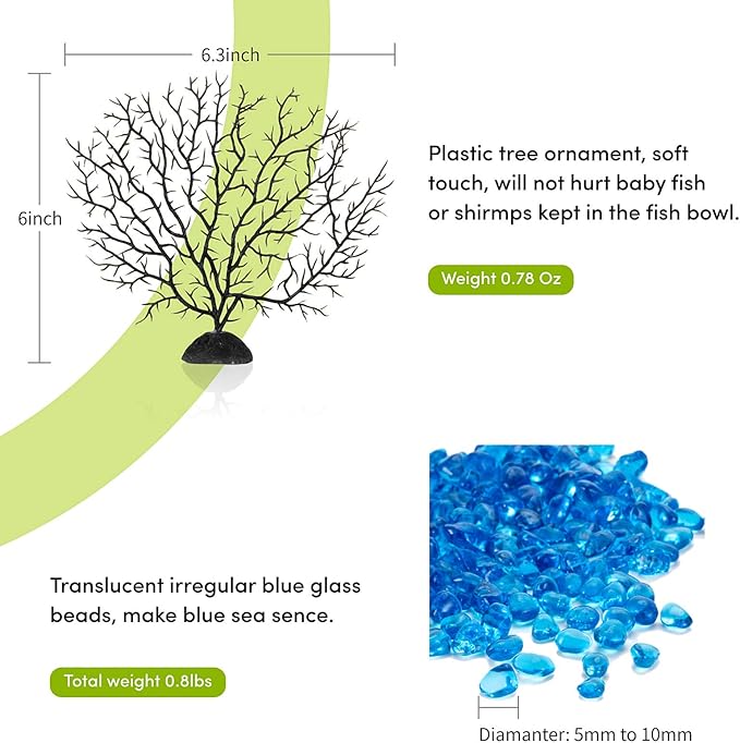 hygger Mini Glass Oblate Fish Bowl Kit, Small Fish Tank Comes with Blue Aquarium Decor Stones and Plastic Fan Branch Tree Ornament hygger