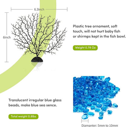 hygger Mini Glass Oblate Fish Bowl Kit, Small Fish Tank Comes with Blue Aquarium Decor Stones and Plastic Fan Branch Tree Ornament hygger