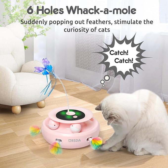 ORSDA Cat Toy, 3-in-1 Automatic Cat Toys for Indoor Cats, Electronic Whack a Mole, Fluttering Butterfly,Track Balls Kitten Toy, Rechargeable Power Interactive Feather Toys for All Breeds - PAWPICO