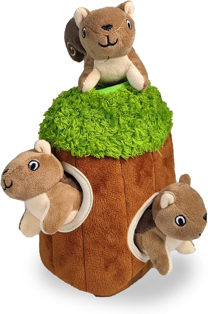 Squirrel in Tree Hide and Seek Dog Toy for Small and Medium Size Dogs, Plush Squirrel Inside Trunk Dog Toy with Squeaker, Interactive Burrow Dog Toy (Tree with Squirrels, Small) - PAWPICO