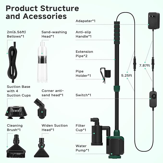 AQQA Fish Tank Cleaner, 34W 600GPH DC Gravel Vacuum for Aquarium, 6 in 1 Aquarium Vacuum Gravel Cleaner Adjustable Water Flow Cleaning Tools for Change Water Wash Sand Water Filter Water Circulation AQQA
