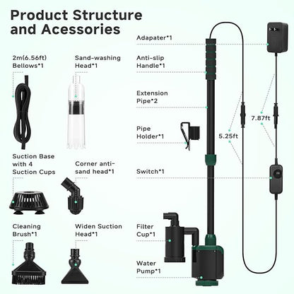 AQQA Fish Tank Cleaner, 34W 600GPH DC Gravel Vacuum for Aquarium, 6 in 1 Aquarium Vacuum Gravel Cleaner Adjustable Water Flow Cleaning Tools for Change Water Wash Sand Water Filter Water Circulation AQQA