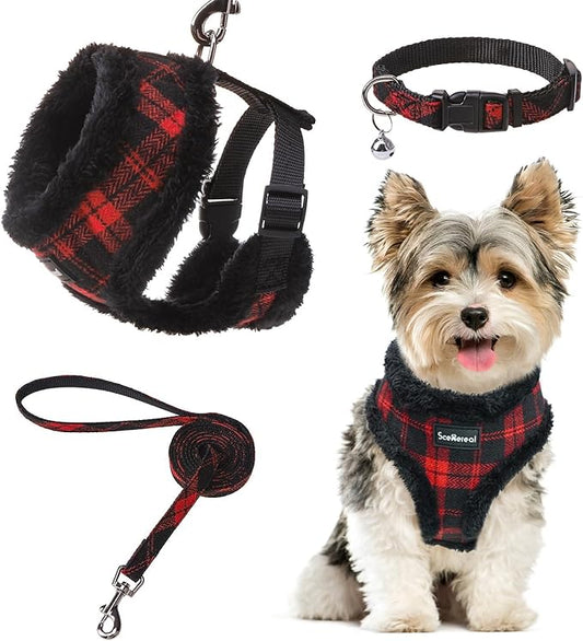 SCENEREAL Small Dog Harness Collar and Leash Set, Warm Fleece No Pull Puppy Vest Harness, Christmas Dog Outfit No Chock Adjustible Step in Pet Halter for Outdoor Walking Training, Red Plaid XS SCENEREAL