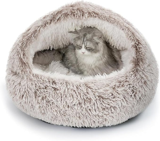 CATISM Cat Bed, Plush Hooded Cat Beds for Indoor Cats, Calming Cat Nest, Self Warming Cat Bed Cave, Cozy Cat Pod for Indoor Cat or Small Dog, Removable Washable Cat Cove with Non-Slip Bottom - PAWPICO