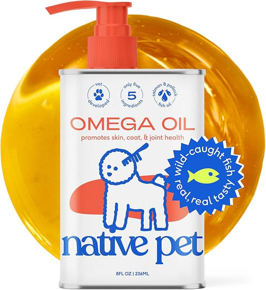 Native Pet Omega 3 Fish Oil for Dogs 8 oz - Made with Wild Alaskan Salmon Oil for Dogs - EPA DHA - Supports Itchy Skin, Mobility - Liquid Pump is Easy to Serve - Omega 3 Oil for Dogs NativePet