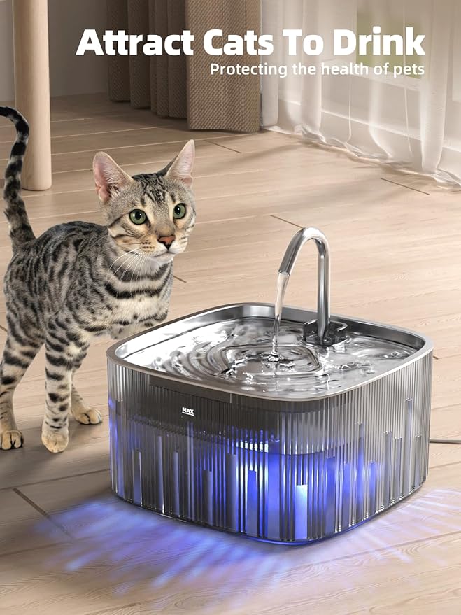 Cat Water Fountain: 75oz/2.2L Automatic Pet Water Dispenser for Cats with 304 Stainless Steel Water Tray & Faucet, Musical Wave Design with LED Indicator Pet Water Fountain for Cats Inside - PAWPICO
