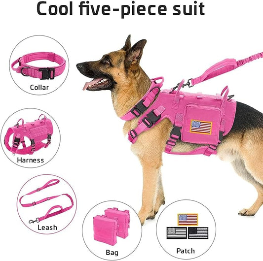 Forestpaw Pink Tactical Dog Harness for Large Dogs,Tactical Dog Collar with Bungee Leash Set,No Pull Military Dog Harness for Dog Walking Training,Adjustable for Medium Large Dogs,S Forestpaw