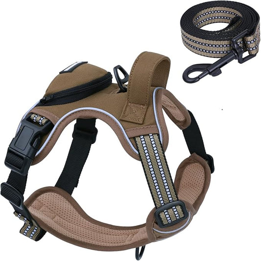 No Pull Dog Harness for Large Dogs, Adjustable No Choke Pet Vest with Dog Leash Fit Smart Reflective Pet Walking Harness for Training Easy Control Soft Handle Brown L BUMBIN