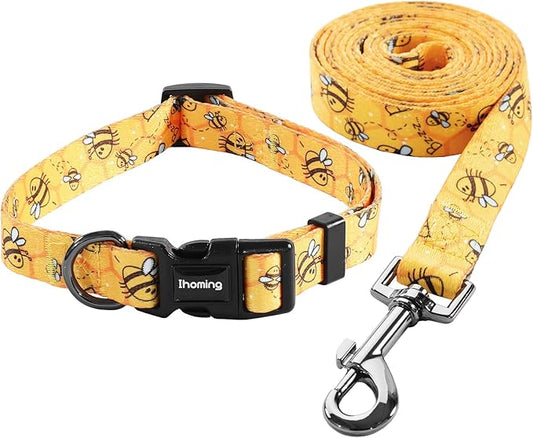 Ihoming Dog Collar and Leash Set for Daily Outdoor Walking Running Training, Bee Design for Small Boys Girls Dogs Cats Pets, S-Up to 20LBS Ihoming