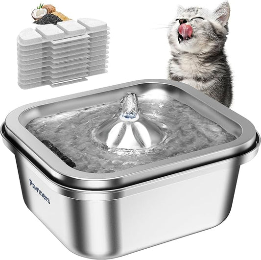Cat Water Fountain Stainless Steel: 4L/140oz Pet Fountain Water Bowl Indoor, Automatic Dog Drinking Dispenser, Cat Feeding Watering Supplies, Metal Kitty Waterer Fountain, 10 Replacement Filters - PAWPICO