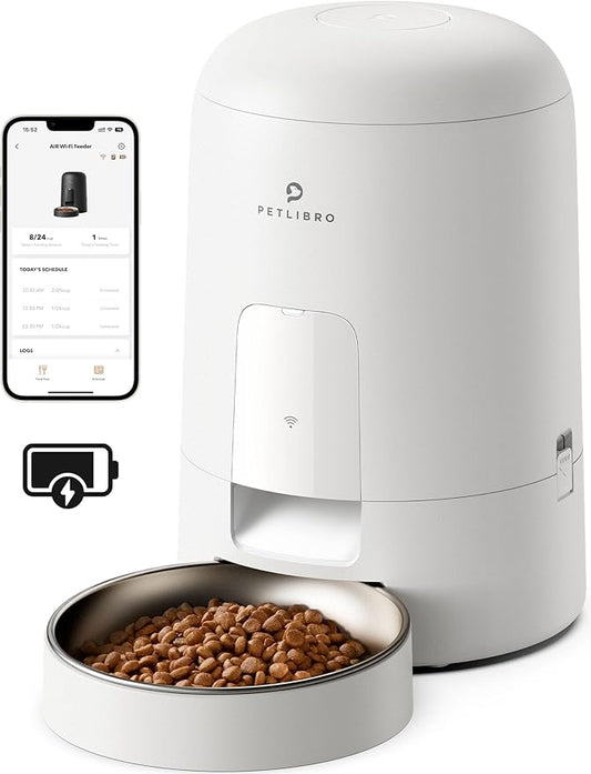 PETLIBRO Automatic Cat Feeder, Wi-Fi Rechargeable Cat Food Dispenser Battery-Operated with 30-Day Life, AIR 2.4G Wi-Fi Timed Pet Feeder for Cat & Dog, 2L Auto Cat Feeder, White - PAWPICO