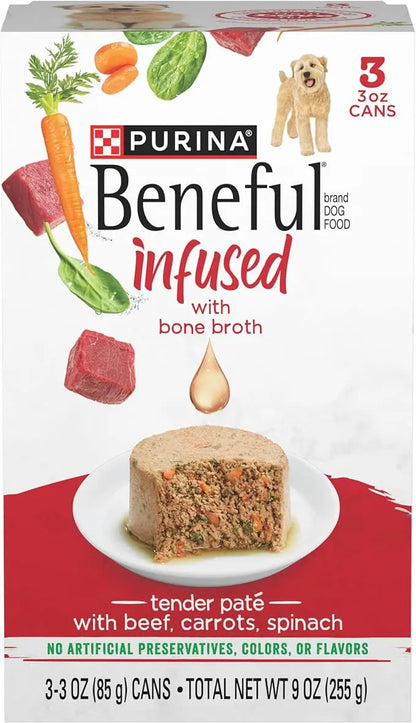 Beneful Purina Infused Wet Dog Food Pate, with Real Beef, Carrots and Spinach, with Bone Broth for Dogs - (8 Packs of 3) 3 oz. Sleeves - PAWPICO