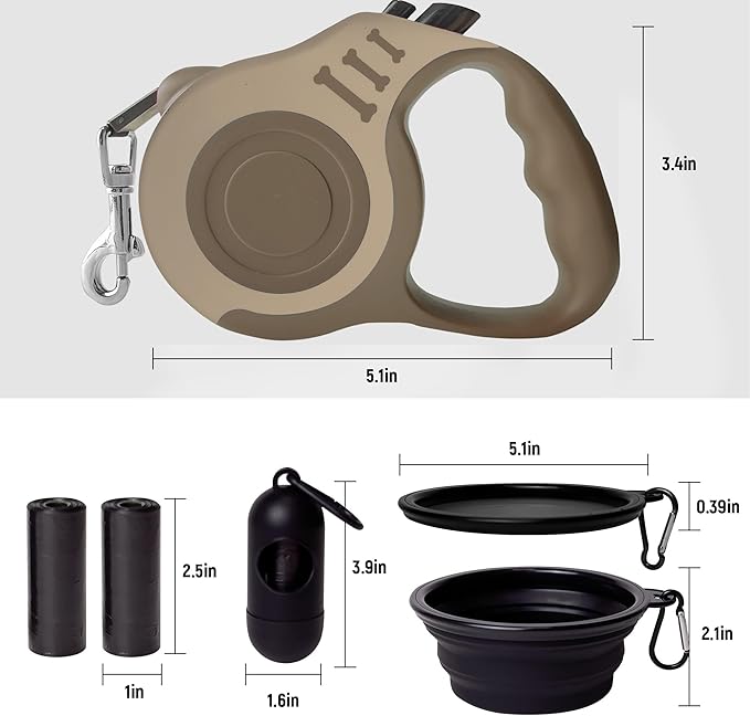 Retractable Dog Leash Automatic Telescopic Tractor Dog Tape, Pet Tape 10/16 FT Durable and Convenient, with Folding Bowl, Dispenser, Rubbish Bags, Suitable for Small and Medium Dogs LIEVUIKEN