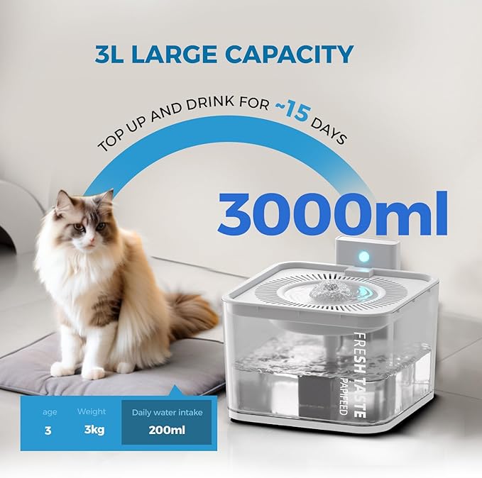 Silent Leak Proof Cat Drinking Fountain 3 Liter Large Capacity, Semi-Transparent Visible Water Tank with Motion Sensor Function, Detachable Cat Fountain. - PAWPICO