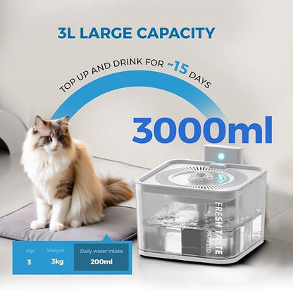 Silent Leak Proof Cat Drinking Fountain 3 Liter Large Capacity, Semi-Transparent Visible Water Tank with Motion Sensor Function, Detachable Cat Fountain. - PAWPICO