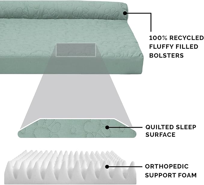 Furhaven Orthopedic Dog Bed for Large Dogs w/ Removable Bolsters & Washable Cover, For Dogs Up to 95 lbs - Pinsonic Quilted Paw L Shaped Chaise - Iceberg Green, Jumbo/XL - PAWPICO