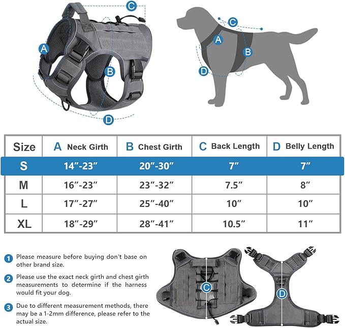 WINGOIN Grey Tactical Dog Harness Vest for Small Dogs No Pull Adjustable Reflective K9 Military Dog Service Dog Harnesses with Handle, Hook & Loop Panels for Walking, Hiking, Training(S) WINGOIN
