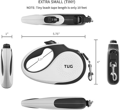 TUG Tiny 360° Tangle-Free Retractable Dog Leash with Anti-Slip Handle | 10 ft Nylon Tape| One-Handed Brake, Pause, Lock (White) TUG