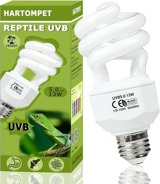 5.0 UVB Reptile Light 13W, Compact Tropical Terrarium Lamp, Coil UVB Fluorescent Bulb for Rainforest Reptiles – Light for Crowned Chameleons, Green Iguanas, Tree Frogs, Ball Pythons HARTOMPET