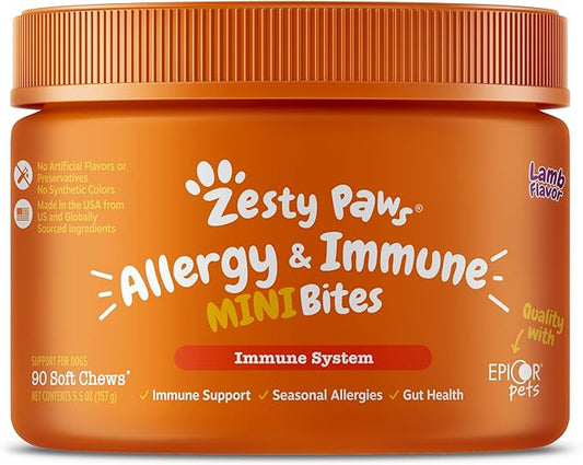 Zesty Paws Dog Allergy Relief - Anti Itch Supplement - Omega 3 Probiotics for Dogs - Digestive Health - Soft Chews for Skin & Seasonal Allergies - with Epicor Pets - Mini - Lamb - 90 Count ZestyPaws