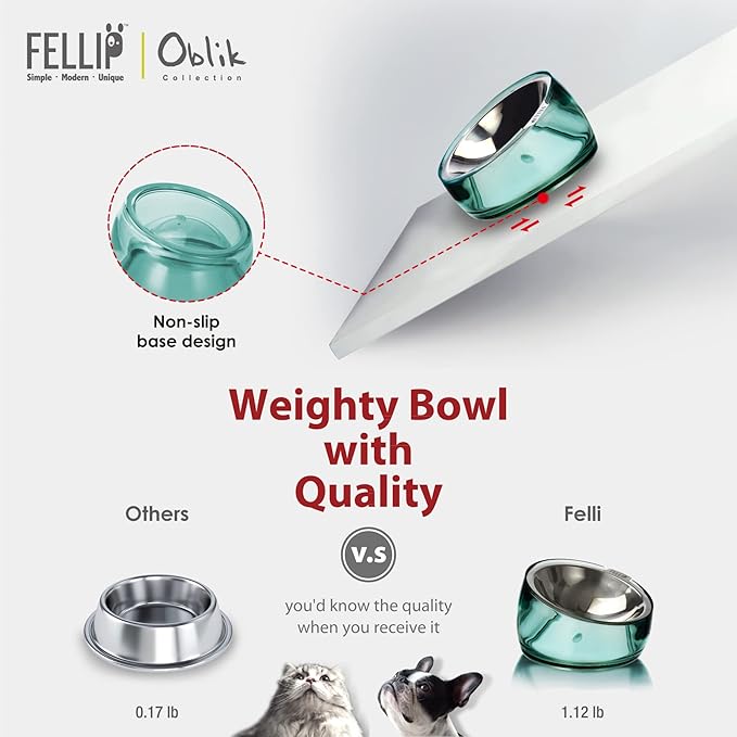 Felli Pet Oblik Whisker Fatigue Cat Bowl Raised Stainless Steel Shallow Dish, Tilted Anti Vomit Non Spill Wide Metal Plate for Puppy Small Dog, Slanted Dry Wet Food Feeder Elevated (0.5Cup, Classic) - PAWPICO