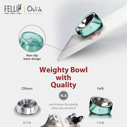 Felli Pet Oblik Whisker Fatigue Cat Bowl Raised Stainless Steel Shallow Dish, Tilted Anti Vomit Non Spill Wide Metal Plate for Puppy Small Dog, Slanted Dry Wet Food Feeder Elevated (0.5Cup, Classic) - PAWPICO