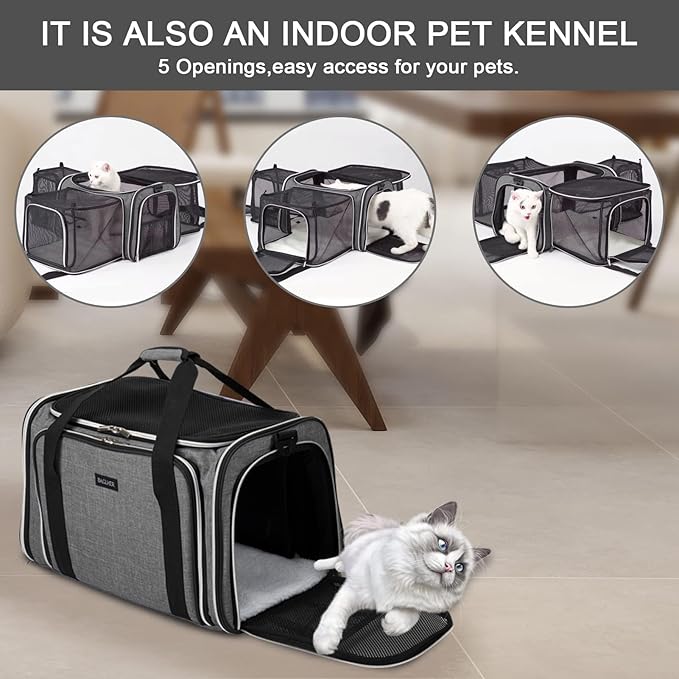BAGLHER Cat Carrier Bag,Airline Approved Pet Carrier Soft Side Pet Travel 5 Sides Open Doors 3 Sides Expandable Foldable Dog Carrier with Fleece Pad - PAWPICO