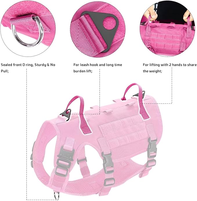Forestpaw Pink Tactical Dog Harness for Large Dogs,Tactical Dog Collar with Bungee Leash Set,No Pull Military Dog Harness for Dog Walking Training,Adjustable for Medium Large Dogs,S Forestpaw