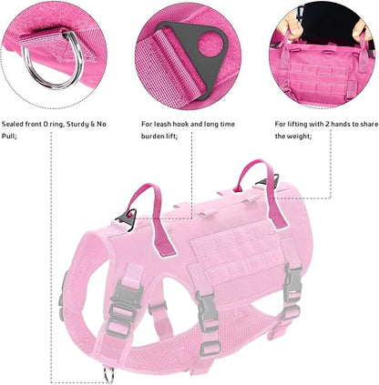 Forestpaw Pink Tactical Dog Harness for Large Dogs,Tactical Dog Collar with Bungee Leash Set,No Pull Military Dog Harness for Dog Walking Training,Adjustable for Medium Large Dogs,S Forestpaw