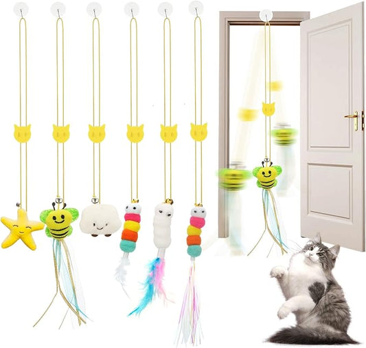 6 PCS Interactive Cat Feather Toys, Indoor Hanging Retractable Cat Toy, Self Play Toys Make Fun Excecise - PAWPICO